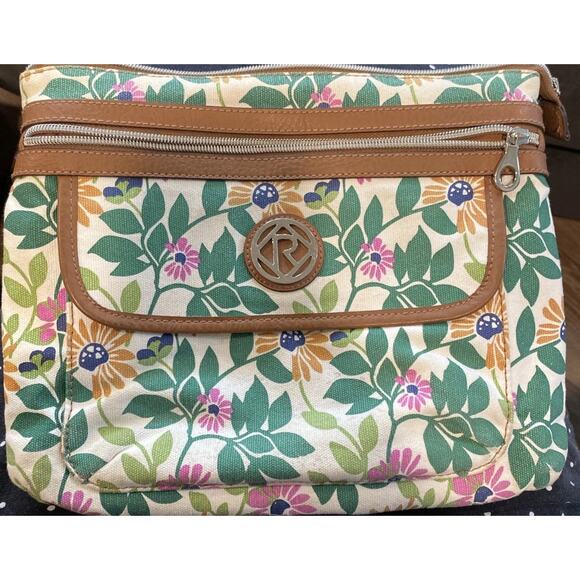 Relic Floral Canvas Crossbody Bag 11” x 9” Ivory Multi-Color Flowers Leather - Picture 1 of 1